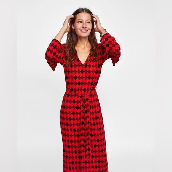 NWT ZARA Geometric Print Red Midi/Maxi Belted Dress Size Medium - Picture 13 of 13